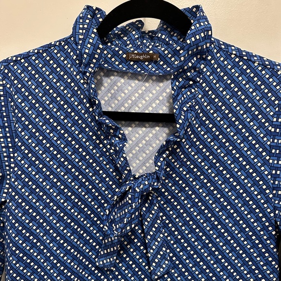 J. McLaughlin Blue & White Weave Print Stretch Dress M ruffle neckline 3/4 slv - Picture 10 of 10